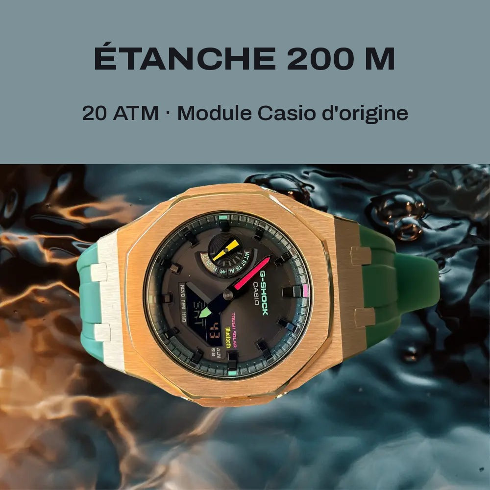 Montre CasiOak Custom Rose Gold Green Edition Bluetooth – mod G-Shock GAB-2100, vue 4 — FR