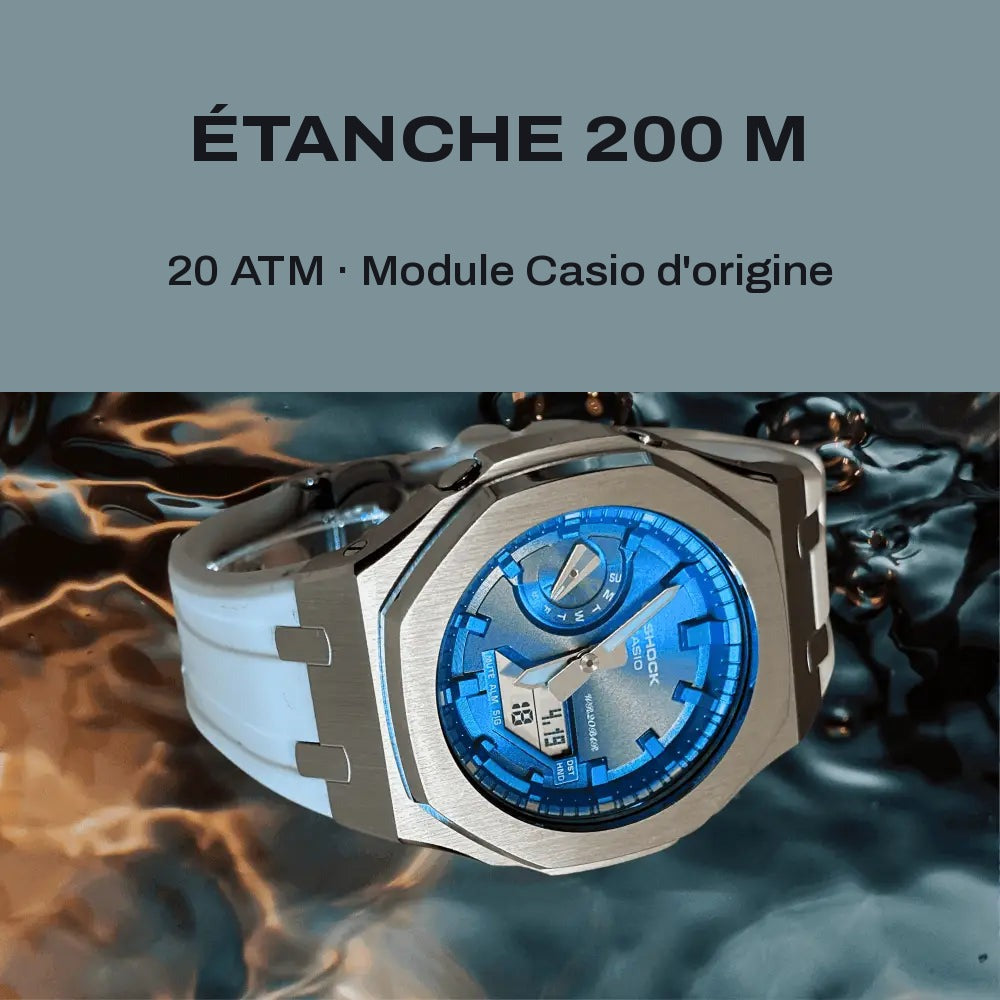 Montre CasiOak Custom White Blue – mod G-Shock GA-2100, vue 3 — FR