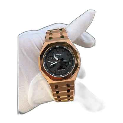 Montre CasiOak Custom Rose Gold Mirror Polish – mod G-Shock GA-2100, vue 1 — fond blanc