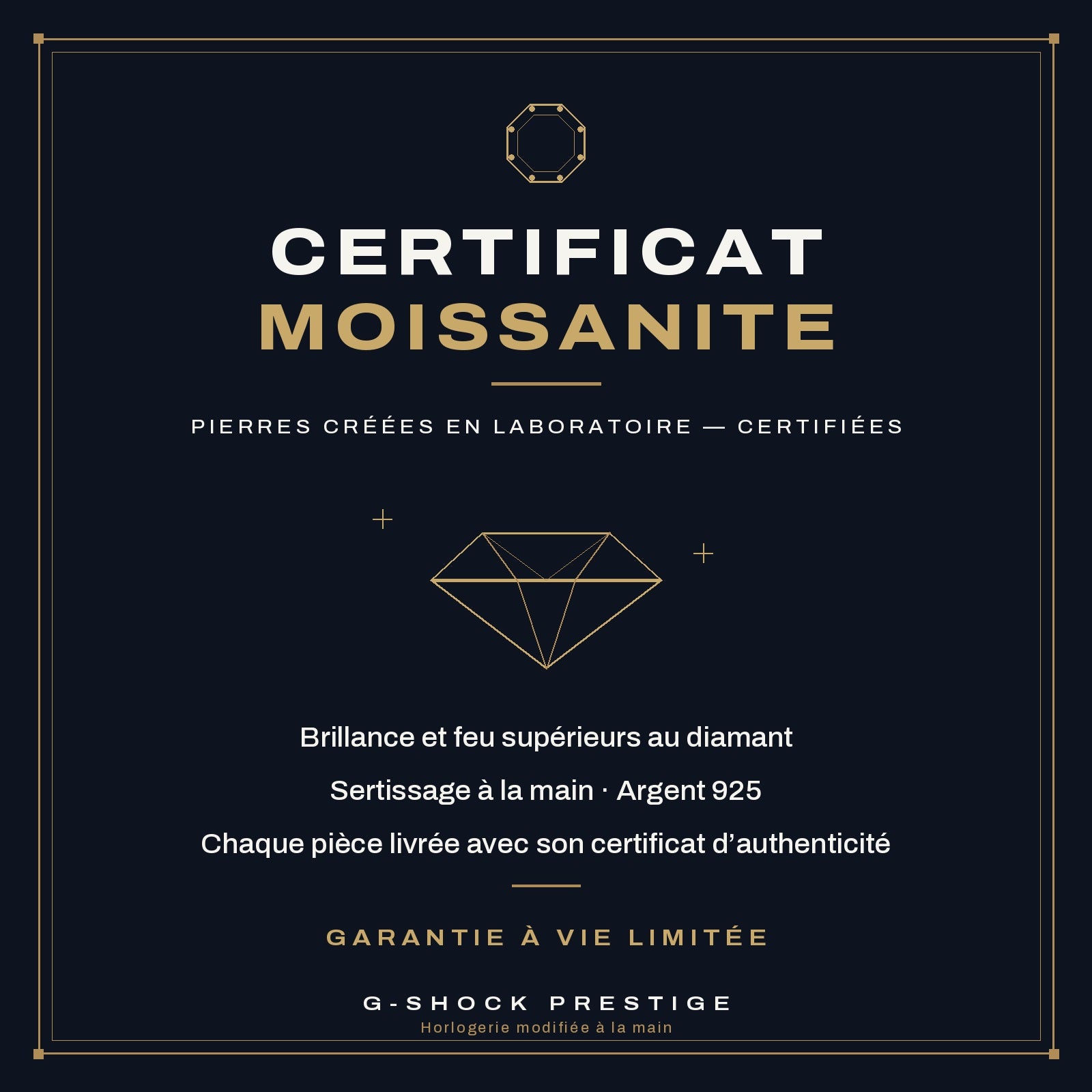 Certificat Moissanite — pierres créées en laboratoire, garantie à vie limitée