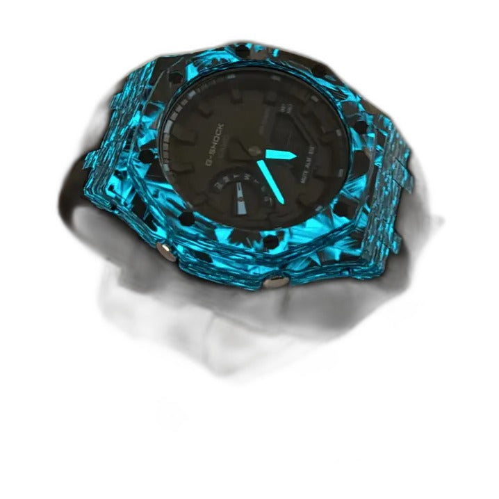 Montre CasiOak Custom Black Carbon Fiber Luminous Full Blue – mod G-Shock GA-2100, vue 4