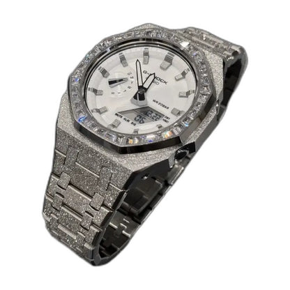 Montre CasiOak Custom Silver Frosted Diamond Bezel – mod G-Shock GA-2100, vue 5 — fond blanc