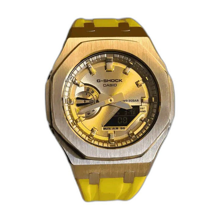 Montre CasiOak Custom Yellow Rose Gold – mod G-Shock GA-2100, vue 1 — fond blanc