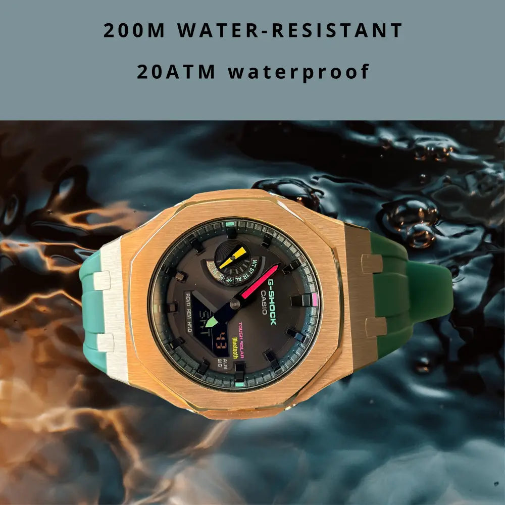 Montre CasiOak Custom Rose Gold Green Edition Bluetooth – mod G-Shock GAB-2100, vue 4