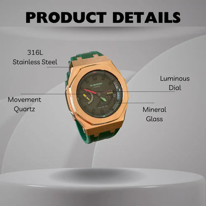 Montre CasiOak Custom Rose Gold Green Edition Bluetooth – mod G-Shock GAB-2100, vue 3