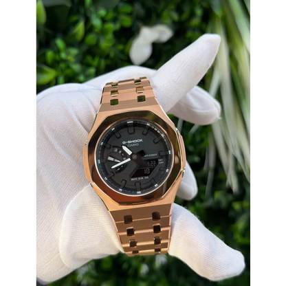 Montre CasiOak Custom Rose Gold Mirror Polish – mod G-Shock GA-2100, vue 1