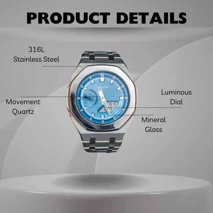 Montre CasiOak Custom Silver Blue Mirror Polish – mod G-Shock GA-2100, vue 2