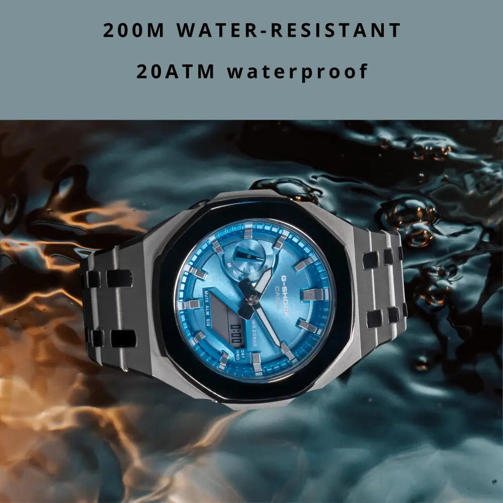 Montre CasiOak Custom Silver Blue Mirror Polish – mod G-Shock GA-2100, vue 3
