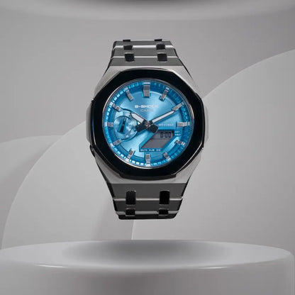 Montre CasiOak Custom Silver Blue Mirror Polish – mod G-Shock GA-2100, vue 1