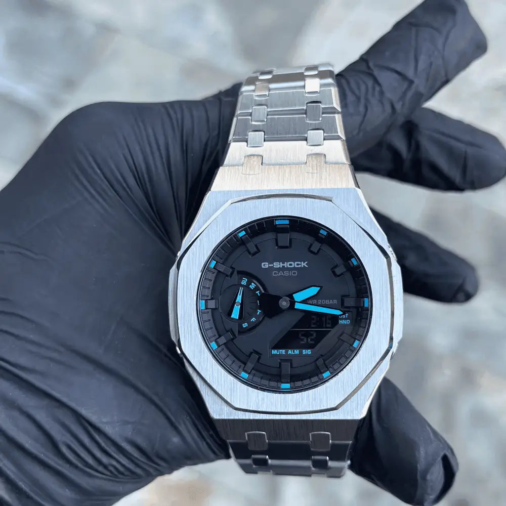 Montre CasiOak Custom Silver Blue – mod G-Shock GA-2100, vue 1