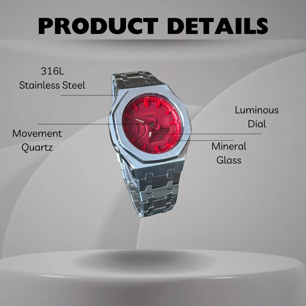 Montre CasiOak Custom Silver Red – mod G-Shock GA-2100, vue 2