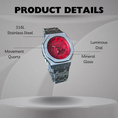 Montre CasiOak Custom Silver Red – mod G-Shock GA-2100, vue 2