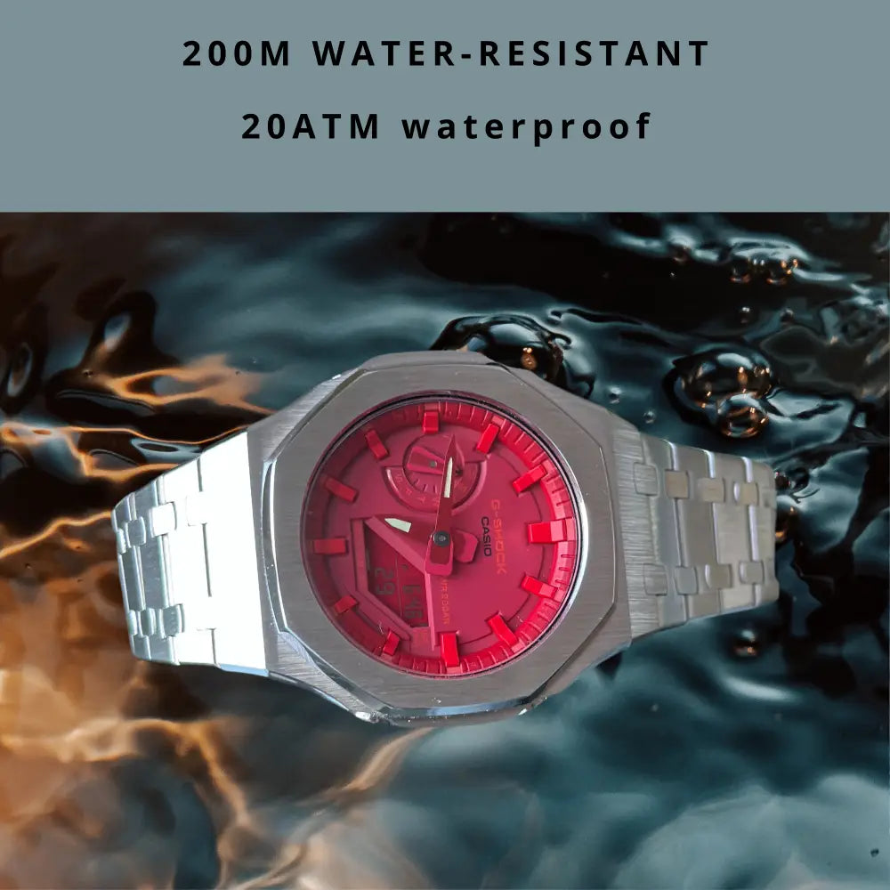 Montre CasiOak Custom Silver Red – mod G-Shock GA-2100, vue 3