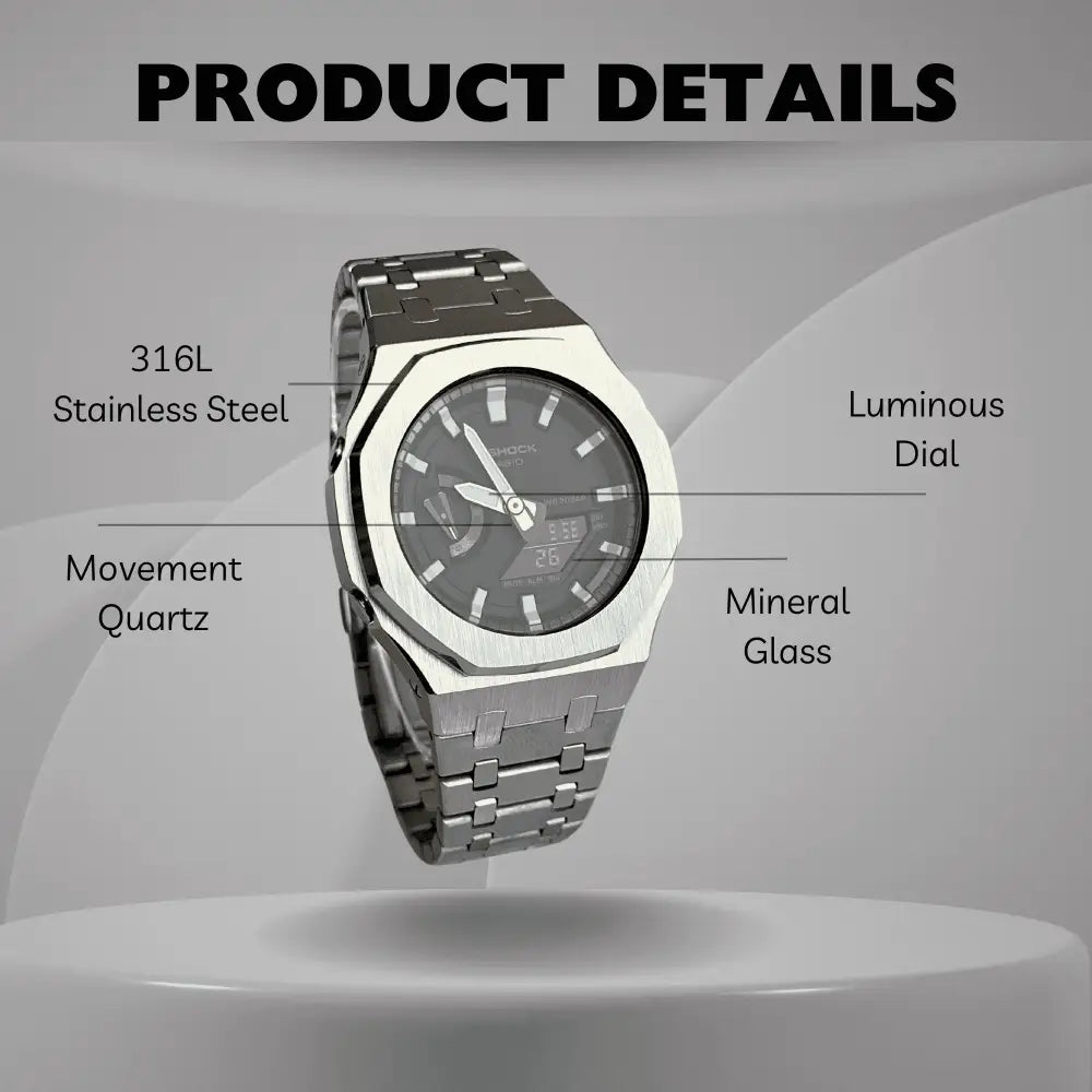 Montre CasiOak Custom Silver White – mod G-Shock GA-2100, vue 2