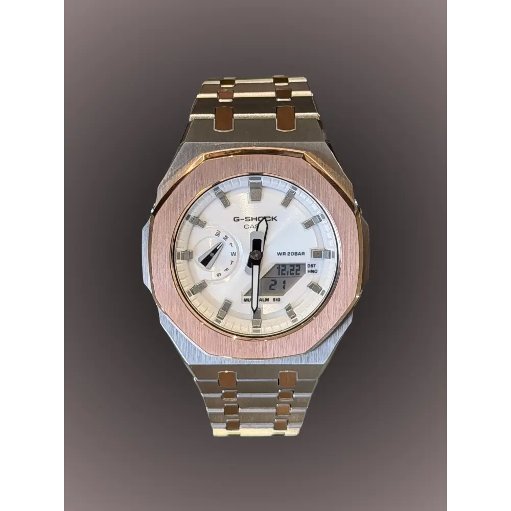 Montre CasiOak Custom Silver White Rose Gold – mod G-Shock GA-2100, vue 1