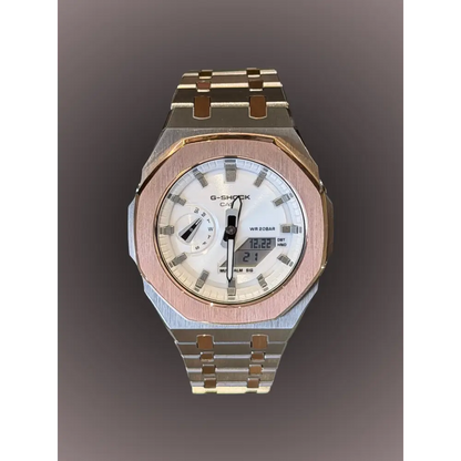 Montre CasiOak Custom Silver White Rose Gold – mod G-Shock GA-2100, vue 1