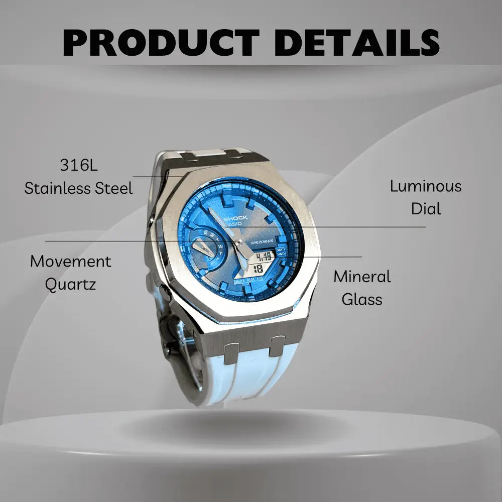 Montre CasiOak Custom White Blue – mod G-Shock GA-2100, vue 2