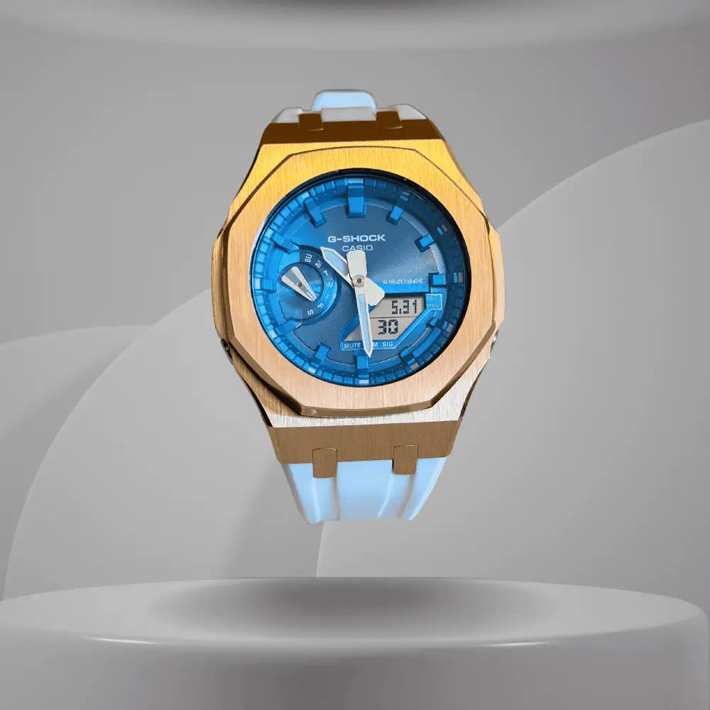 Montre CasiOak Custom White Blue Rose Gold – mod G-Shock GA-2100, vue 1