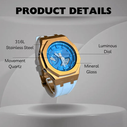Montre CasiOak Custom White Blue Rose Gold – mod G-Shock GA-2100, vue 2