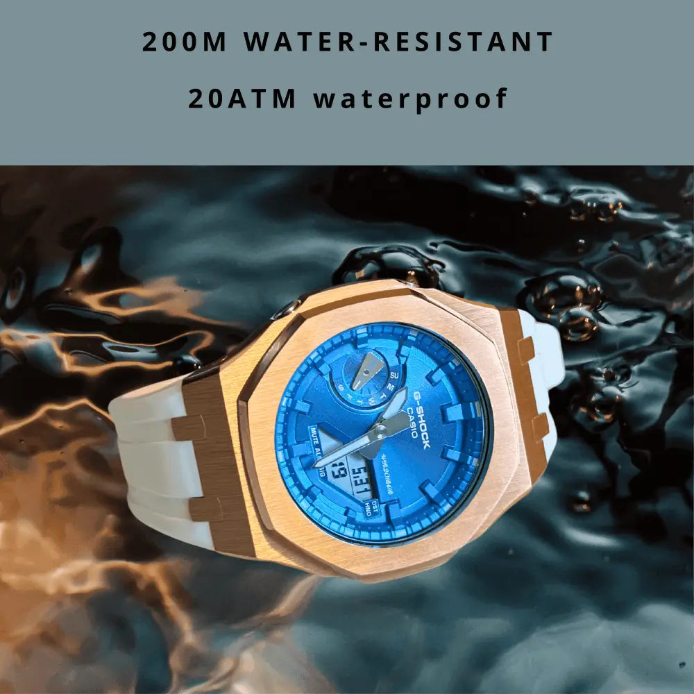 Montre CasiOak Custom White Blue Rose Gold – mod G-Shock GA-2100, vue 3