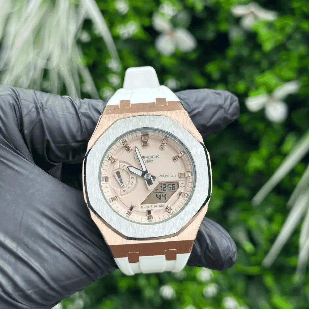 Montre CasiOak Custom White Rose Gold – mod G-Shock GA-2100, vue 1