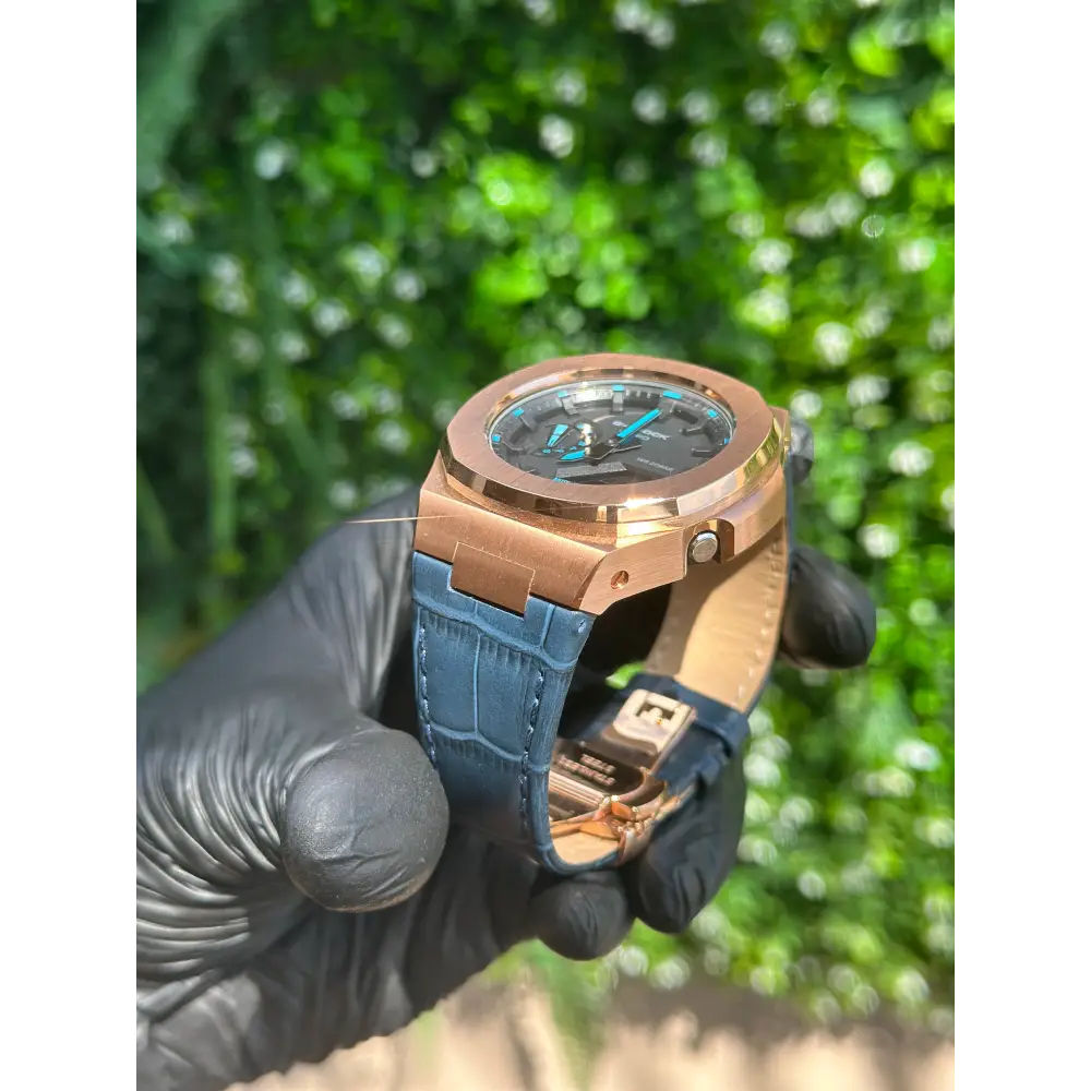 Montre CasiOak Custom Black Blue Alligator Leather - Vintage – mod G-Shock GA-2100, vue 2