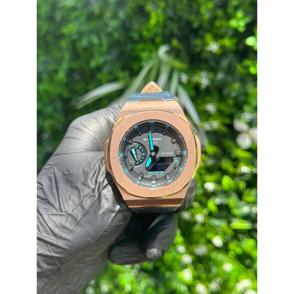 Montre CasiOak Custom Black Blue Alligator Leather - Vintage – mod G-Shock GA-2100, vue 1
