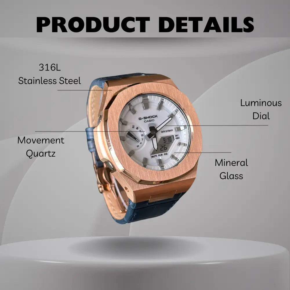 Montre CasiOak Custom White Blue Alligator Leather - – mod G-Shock GA-2100, vue 5
