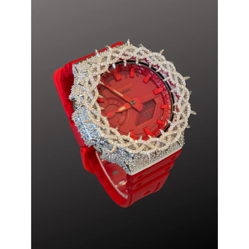 Montre G-Shock Custom Hip Hop – Moissanite 925 Full Silver IcedOut Thorn Red - Luxury Mod GA2100