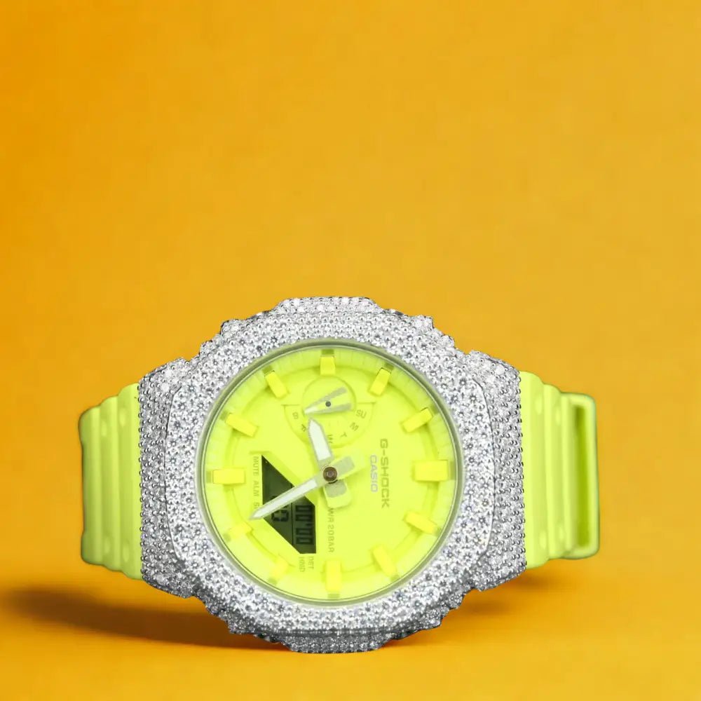 Montre CasiOak Custom Moissanite 925 Silver IcedOut Fluo Yellow Dial - Luxury Mod GA2100 – mod G-Shock GA-2100, vue 1