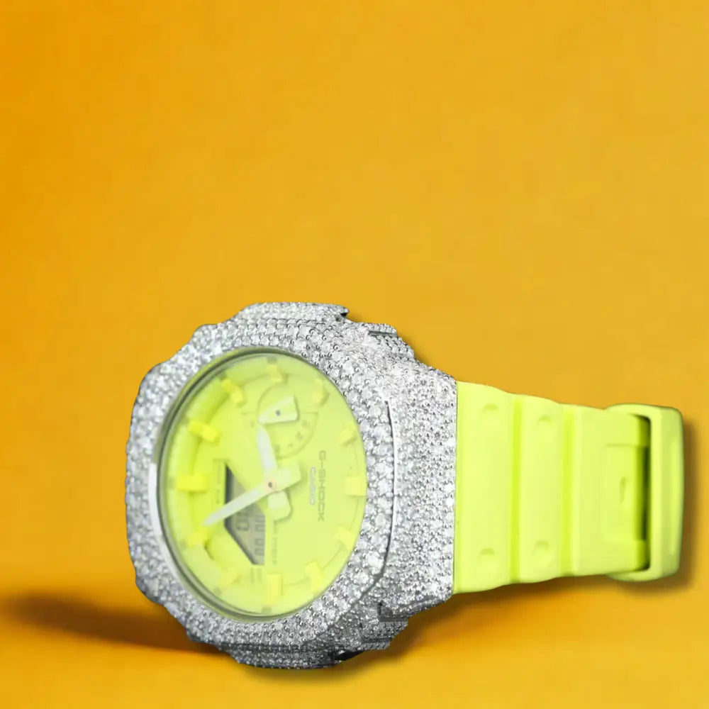 Montre CasiOak Custom Moissanite 925 Silver IcedOut Fluo Yellow Dial - Luxury Mod GA2100 – mod G-Shock GA-2100, vue 2