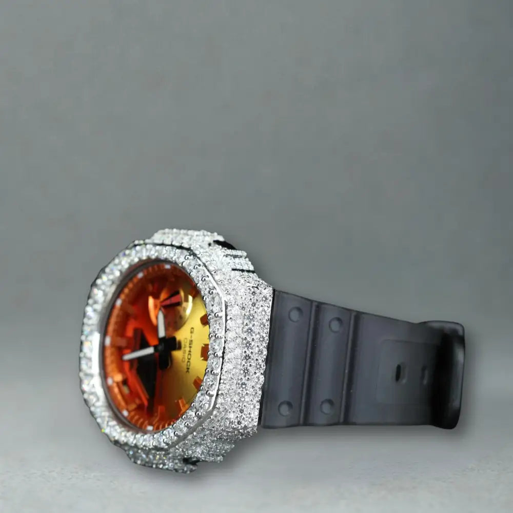 Montre CasiOak Custom Moissanite 925 Silver IcedOut Orange Dial - Luxury Mod GA2100 – mod G-Shock GA-2100, vue 2