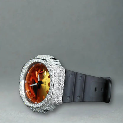 Montre CasiOak Custom Moissanite 925 Silver IcedOut Orange Dial - Luxury Mod GA2100 – mod G-Shock GA-2100, vue 2